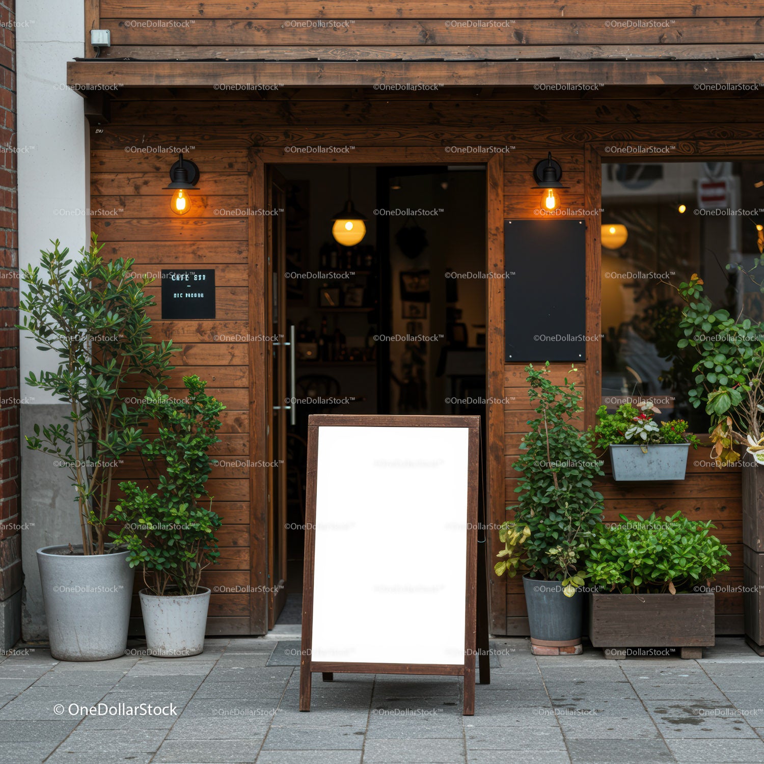 Cozy cafe entrance with blank menu board and plants