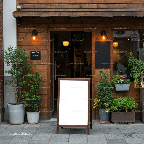 Cozy cafe entrance with blank menu board and plants JPG Mockup Image