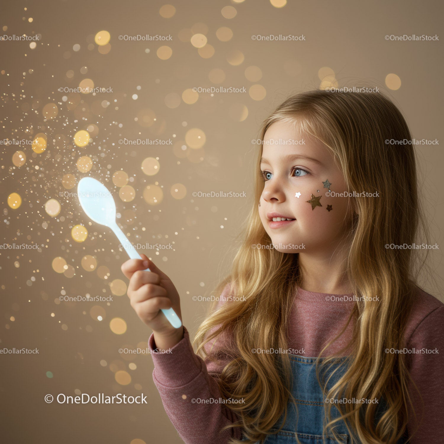 Young girl playing with sparkling light and glitter stars