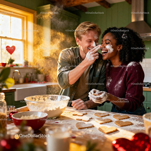 Couple Baking Heart-Shaped Cookies in Cozy Kitchen