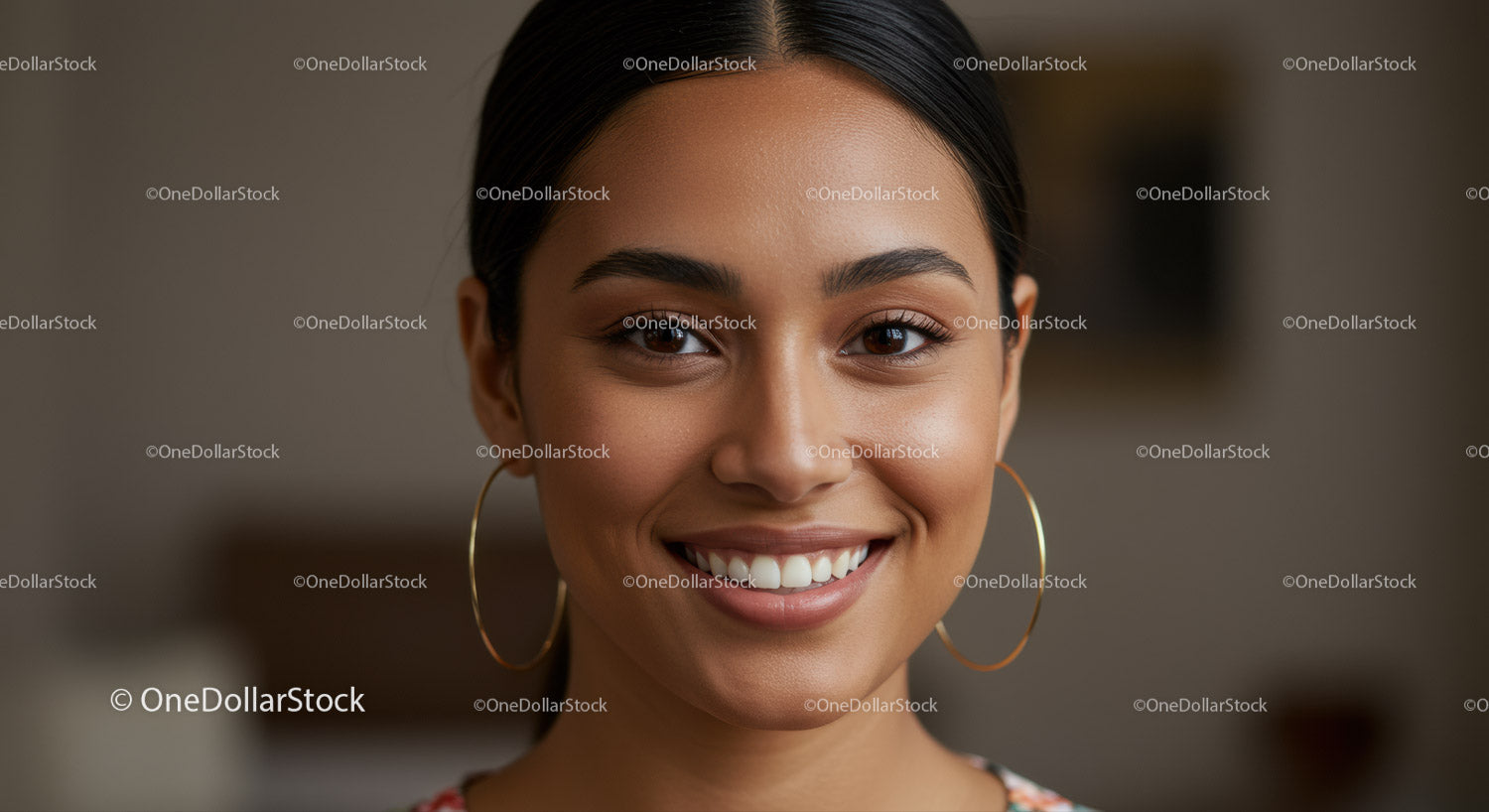 Smiling Woman with Hoop Earrings in Bright Close-Up Portrait