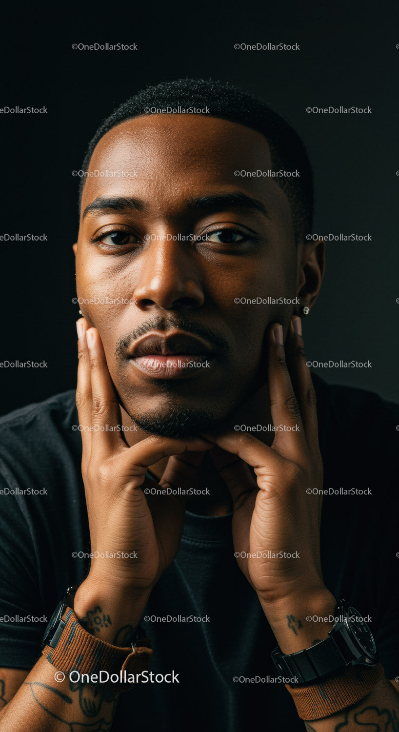 Thoughtful man with tattoos resting his face on hands