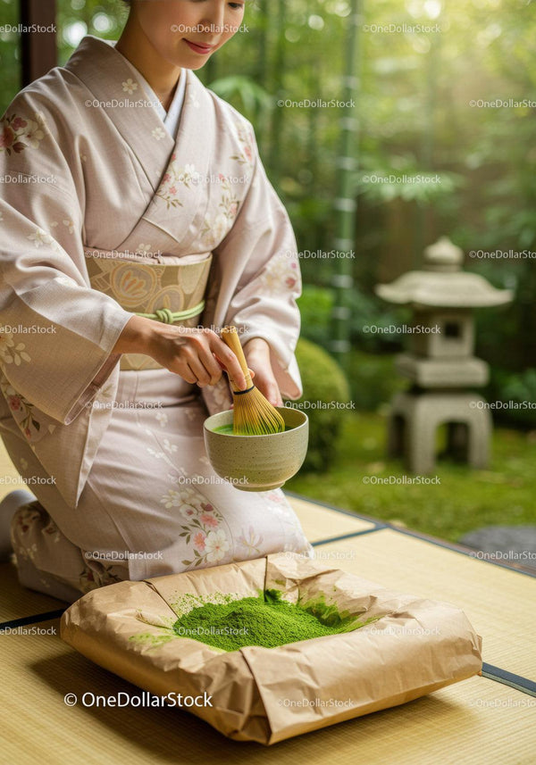 Tradycyjna Japonka spokojnie przygotowująca herbatę matcha