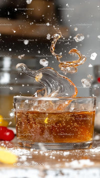 Caramel Splash with Ice Cubes and Cinnamon Sticks