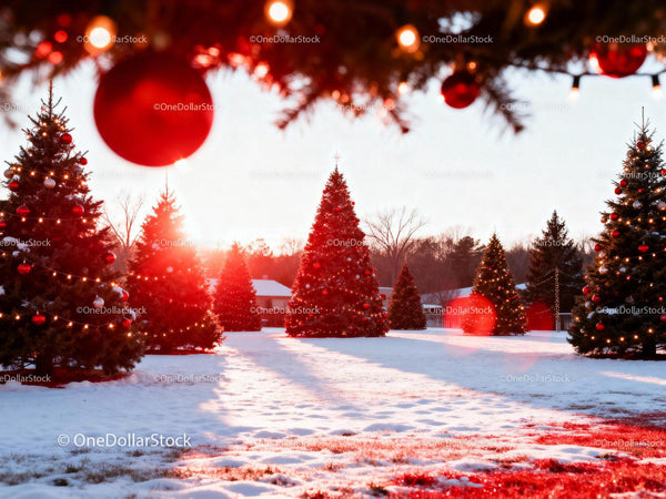 Sunlit Christmas trees decorated with red ornaments in snow