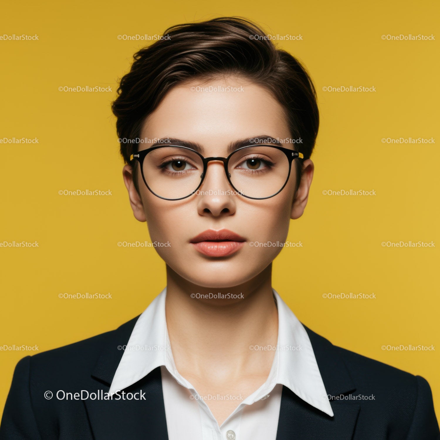 Elegant Business Woman with Short Hair and Glasses on Yellow Background