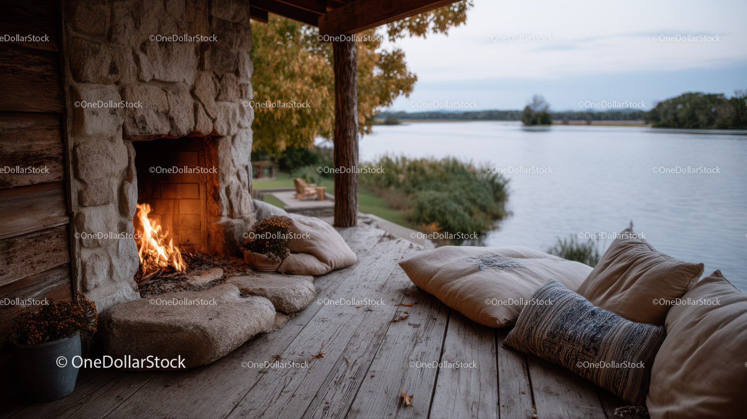 Cozy Rustic Outdoor Lounge by Lake with Fireplace and Cushions