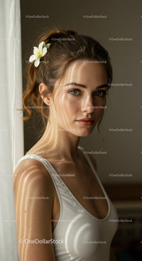 Elegant Portrait of a Young Woman with Blue Eyes and Flower in Hair