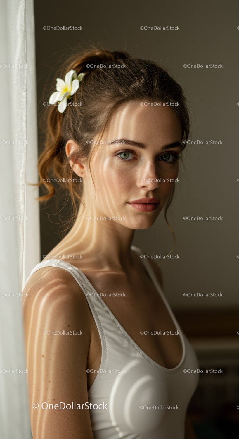 Elegancki portret młodej kobiety z niebieskimi oczami i kwiatem we włosach