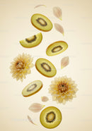Sliced golden kiwi and beige dahlia flowers with petals