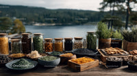 Assortment of Fresh Herbs and Spices on Wooden Table Outdoors