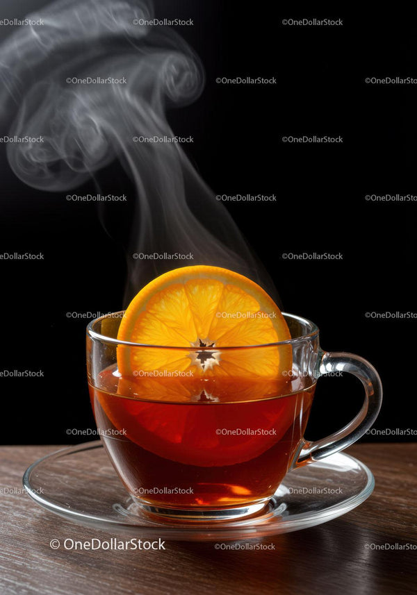Steaming cup of black tea with fresh orange slice