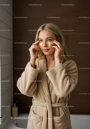 Young Woman in a Cozy Bathroom Applying Gold Eye Patches for Skin Care
