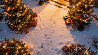 Snowy Yard with Christmas Trees and Gift Boxes