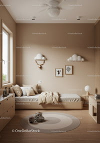 Cozy Scandinavian Bedroom with Wooden Furniture and Cloud Wall Decor
