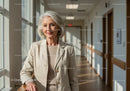 Senior Woman Enjoying a Bright Day in a Modern Hallway