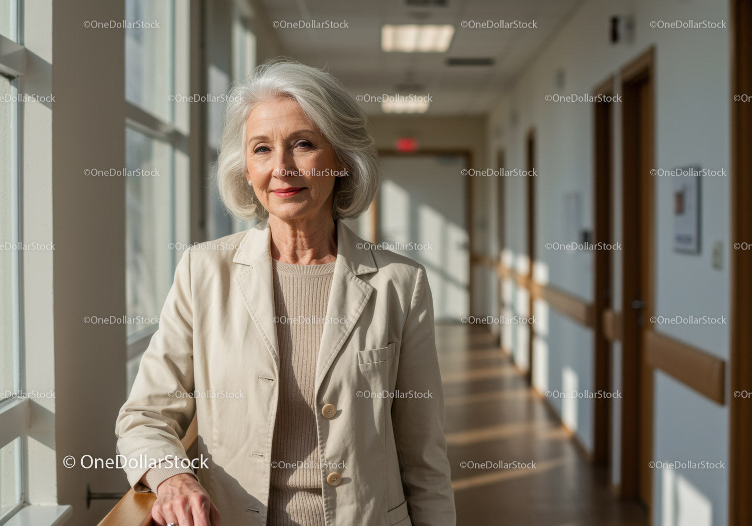 Senior Woman Enjoying a Bright Day in a Modern Hallway