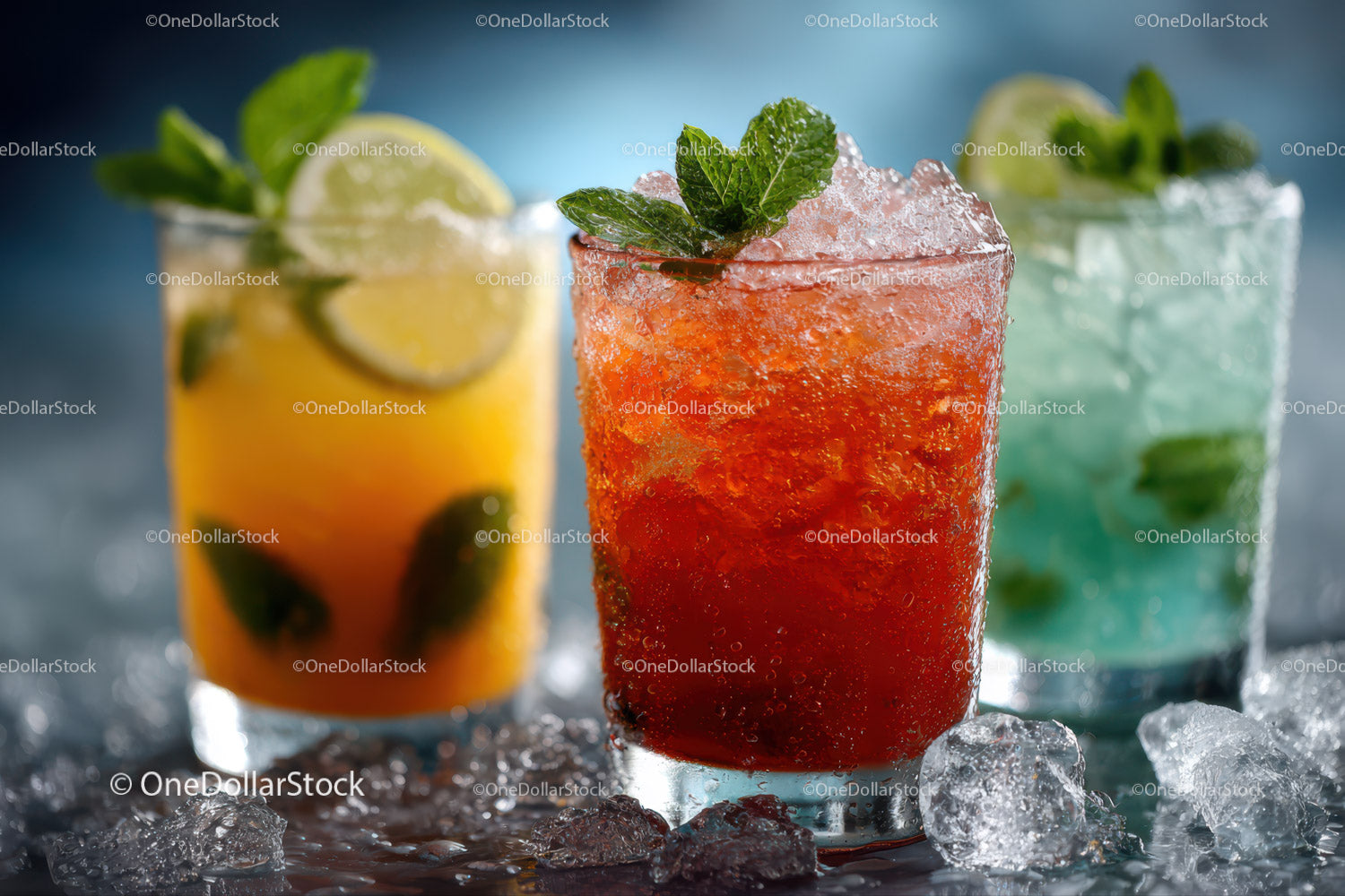 Vibrant Ice-Cold Fruit Cocktails with Citrus and Mint Garnish