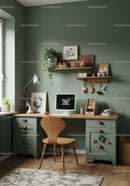 Modern Green Home Office with Wooden Desk and Decorative Shelves