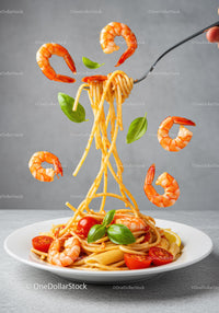 Fresh shrimp pasta twirled with basil and cherry tomatoes