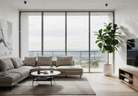 Modern Living Room with Green Fiddle Leaf Fig and Scenic City View