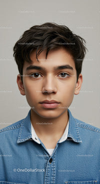 Teenage Boy Wearing Denim Shirt Posing Against Neutral Background