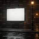 Empty illuminated billboard on wet city street at night