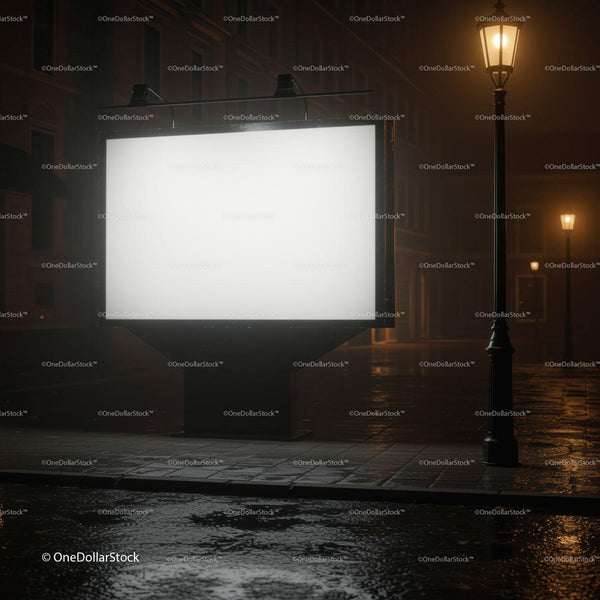 Empty illuminated billboard on wet city street at night JPG Mockup Image