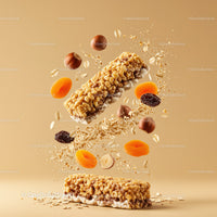 Granola bars with nuts and dried fruits mid-air composition