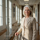 Senior Woman in Beige Blazer Enjoying a Good Day in Bright Hospital Corridor