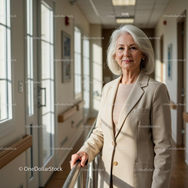Senior Woman in Beige Blazer Enjoying a Good Day in Bright Hospital Corridor