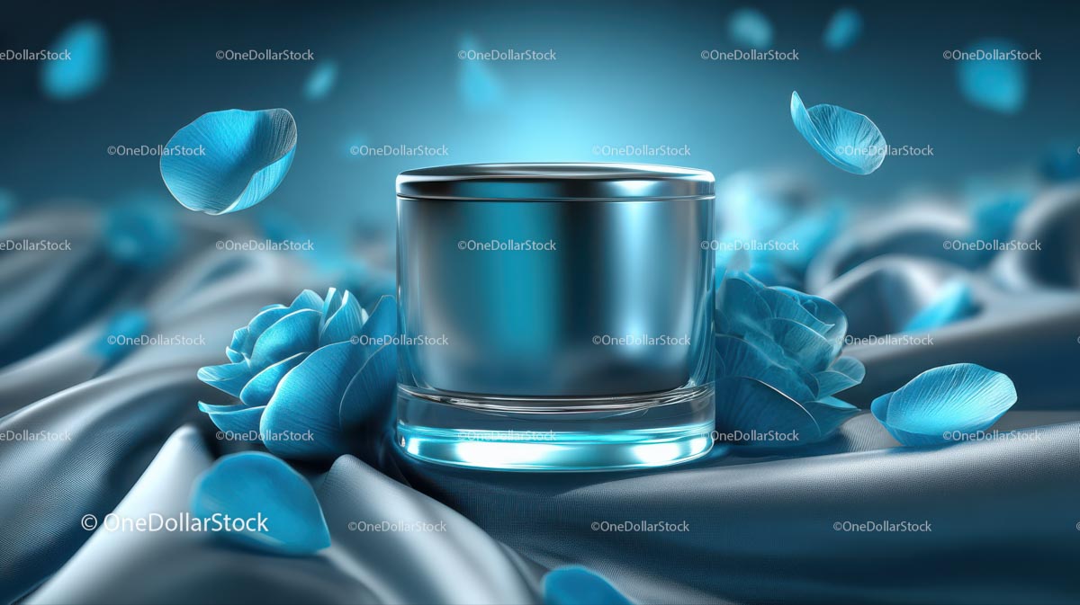 Elegant Blue Cosmetic Jar Among Delicate Petals