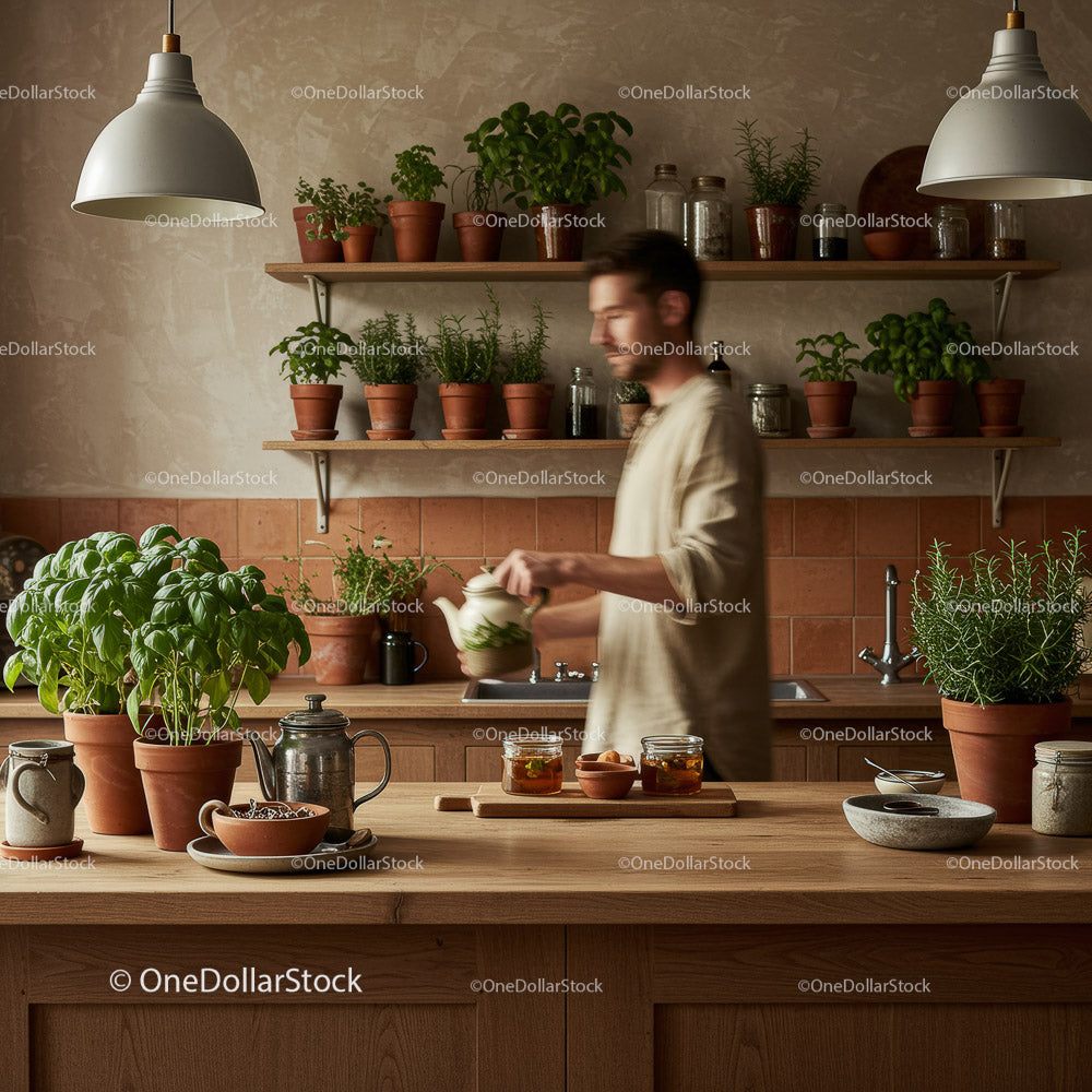 Man Watering Fresh Basil and Herbs in a Cozy Kitchen