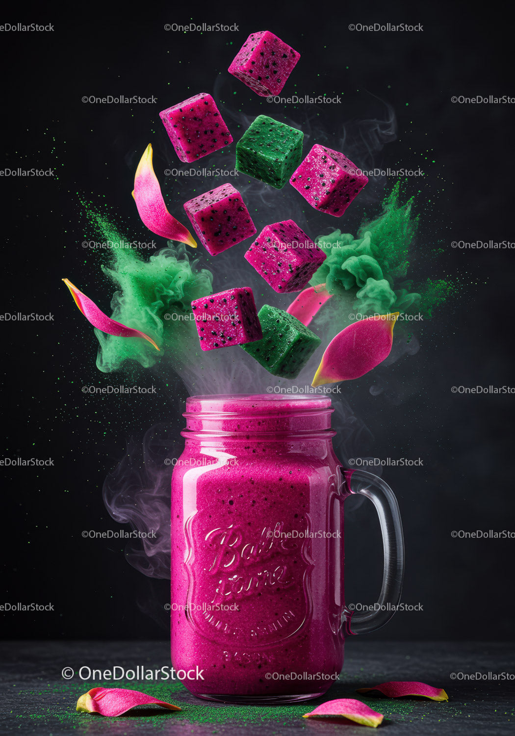 Bright Dragon Fruit Smoothie with Floating Cubes and Petals