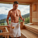 Male Man in Sauna with Wooden Interior Mountains Landscape View