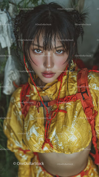 Fashion Portrait of a Woman in Yellow and Red Raincoat with Wet Hair