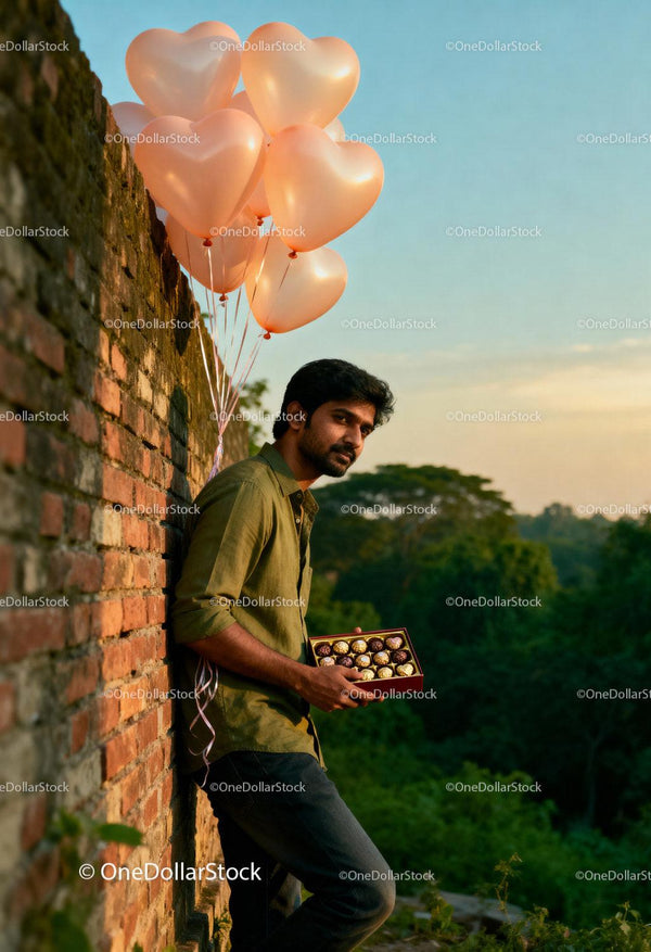 Man holding chocolates and heart shaped balloons outdoors