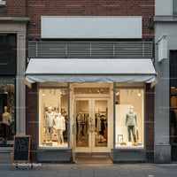 Elegant clothing store window display with mannequins