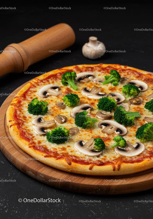 Fresh vegetable pizza with broccoli and mushrooms on board