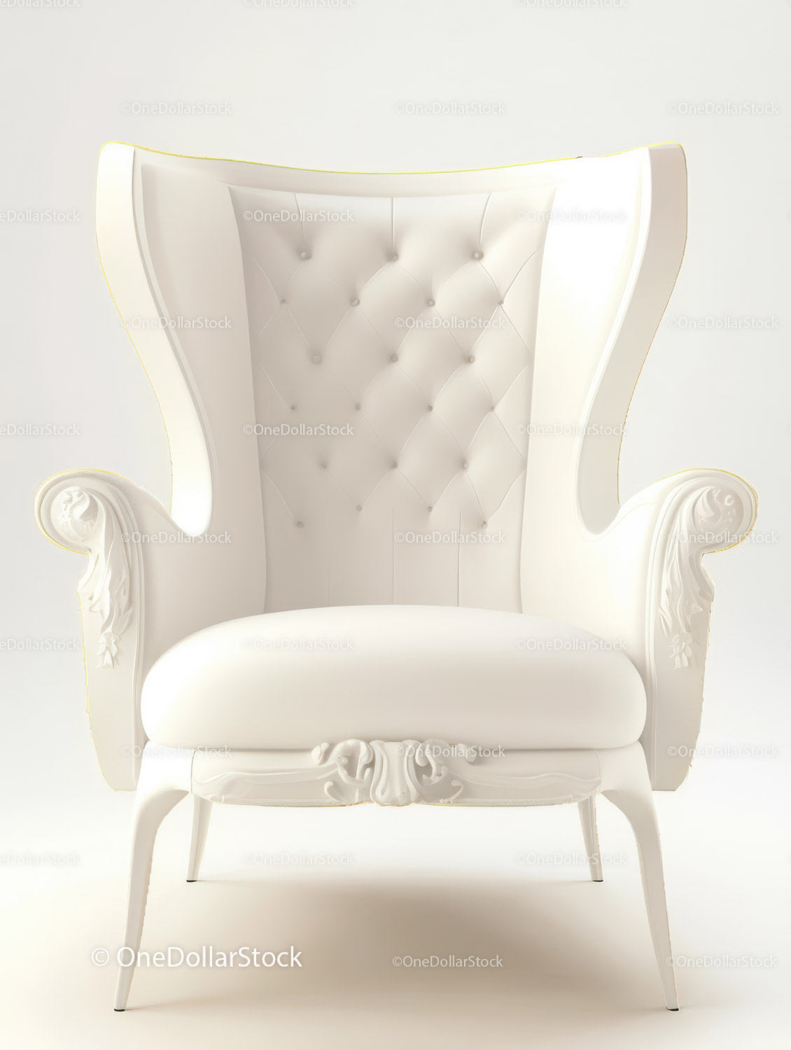 Elegant White Tufted Regency Armchair with Ornate Carved Details