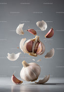 Floating garlic bulbs and cloves with scattered skin