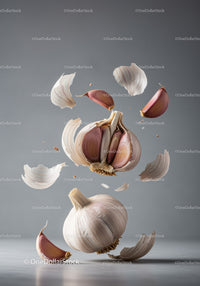Floating garlic bulbs and cloves with scattered skin