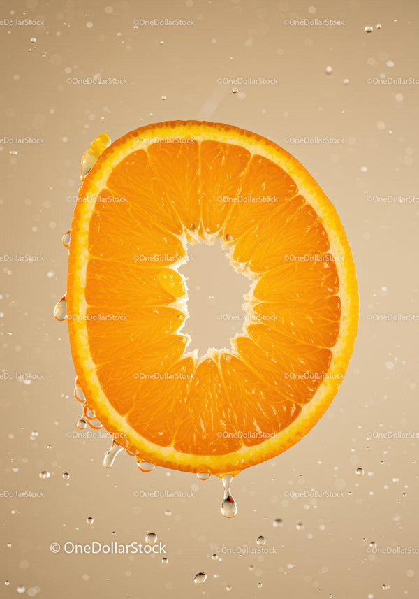 Fresh Orange Slice with Water Droplets Close Up