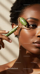 Close-Up of a Woman Using Jade Roller for Facial Massage and Skin Rejuvenation