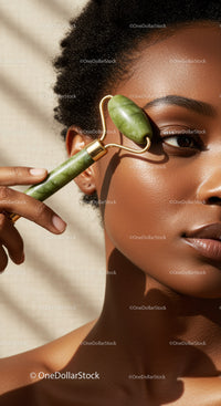 Close-Up of a Woman Using Jade Roller for Facial Massage and Skin Rejuvenation