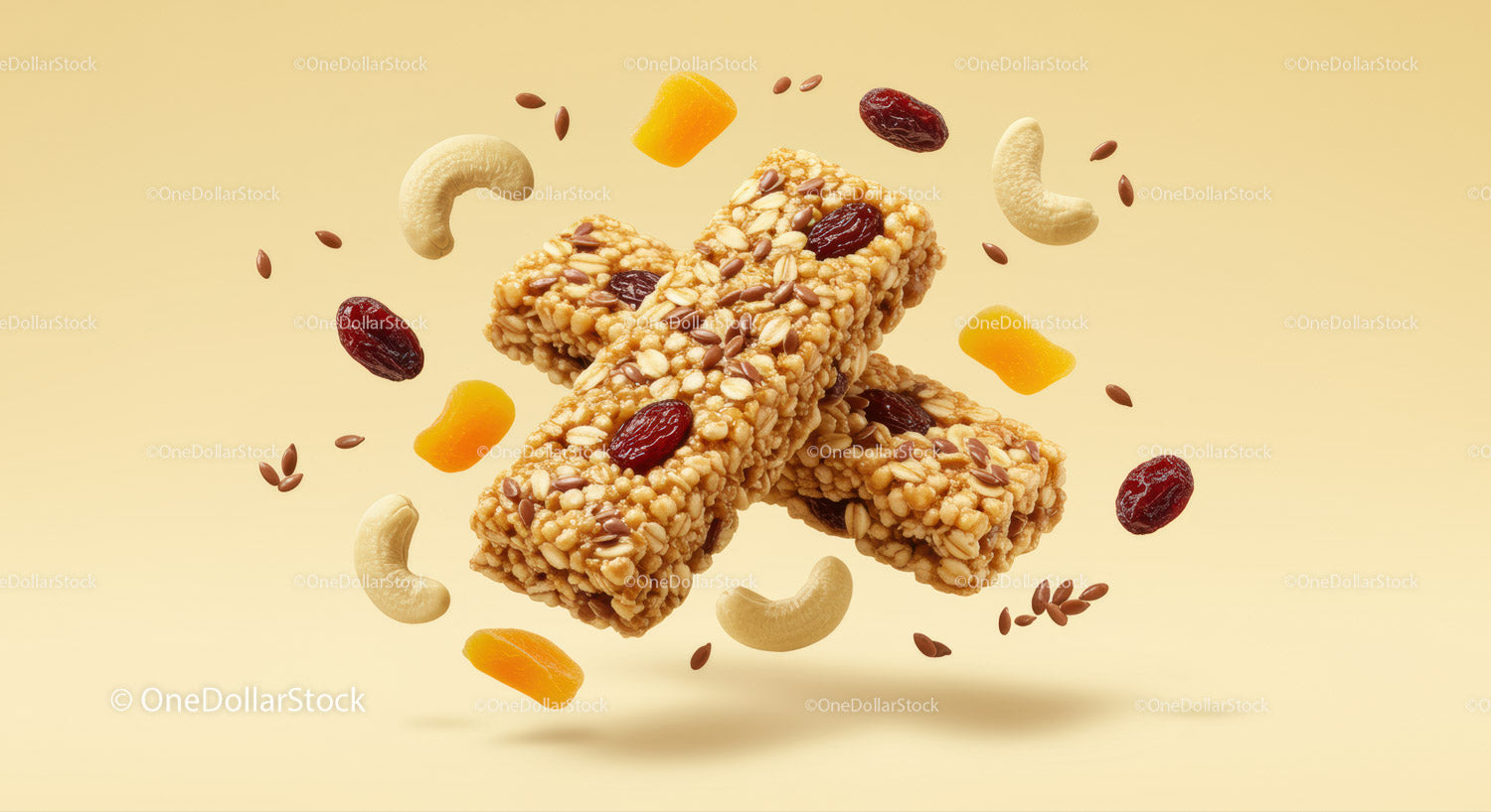 Zdrowe batony granola z orzechami i suszonymi owocami pływające