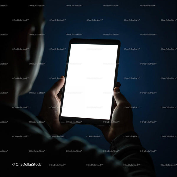 Person Holding Tablet with Bright Screen in Dark Room JPG Mockup Image