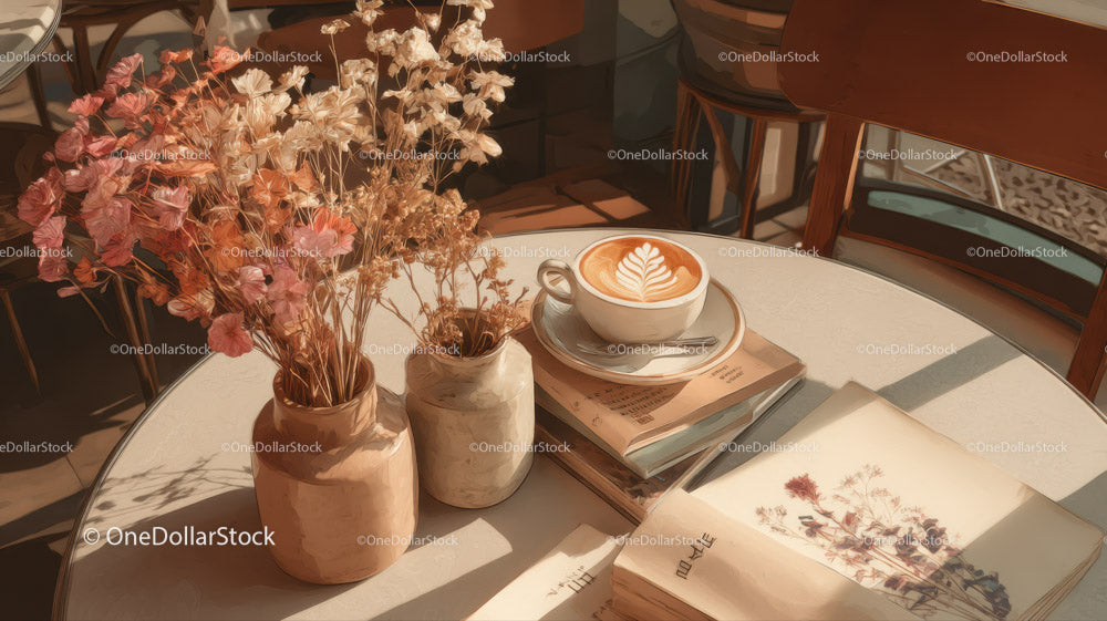 Stylish Coffee Table with Dried Flowers and Open Books in Cozy Cafe
