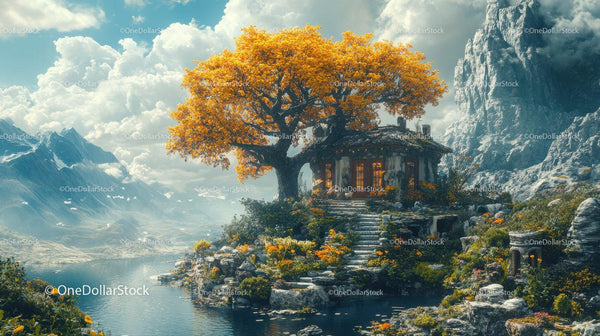 Round Stone Cottage Near Golden Autumn Tree