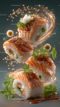 Vibrant Salmon Sushi Rolls with Sesame Seeds and Floral Garnish